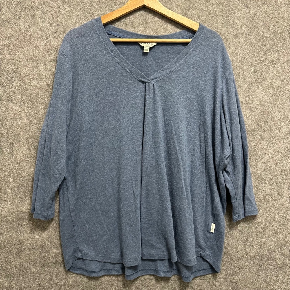 Orvis V-Neck Top Women XXL Blue Linen Blend 3/4 Sleeve Knit Pullover Shirt